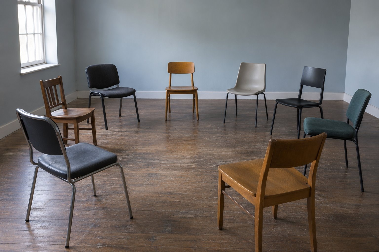 Chairs arranged in a circle in an empty rehearsal room
