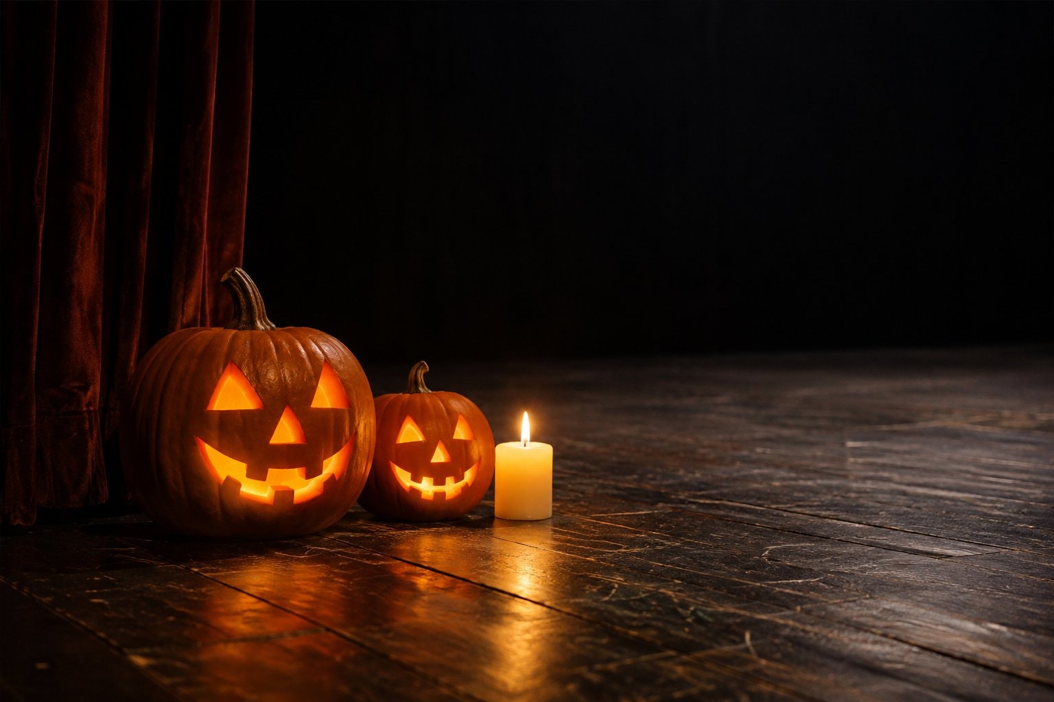 Carved pumpkins and a candle at the edge of a dark stage